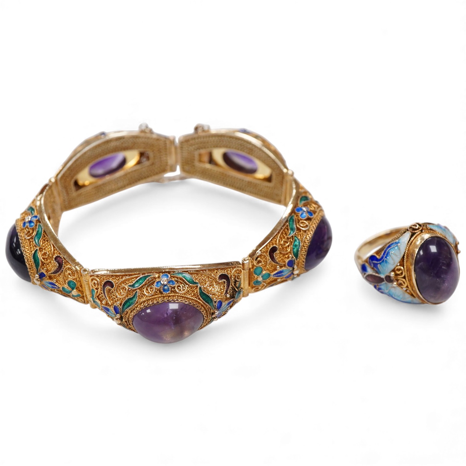 A Chinese silver gilt, enamel and amethyst cabochon bracelet - approx 20cm long and matching ring